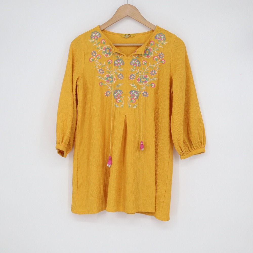 Global Desi Mustard Yellow Floral Embroidered Boho Tunic Top Small